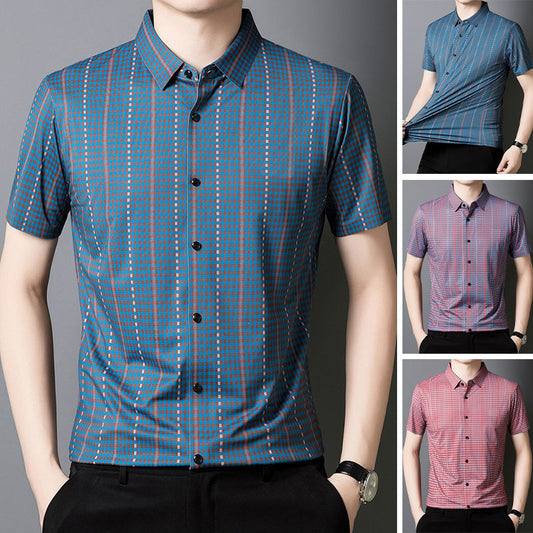Camisa informal de manga corta con solapa elástica y cuadros vibrantes para hombre
